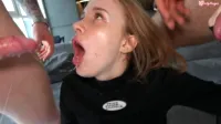 Erica Mori / Polly Yangs - My deepest throat is overflowing with cum and saliva! Young Polly Young gags from a hard blowjob!